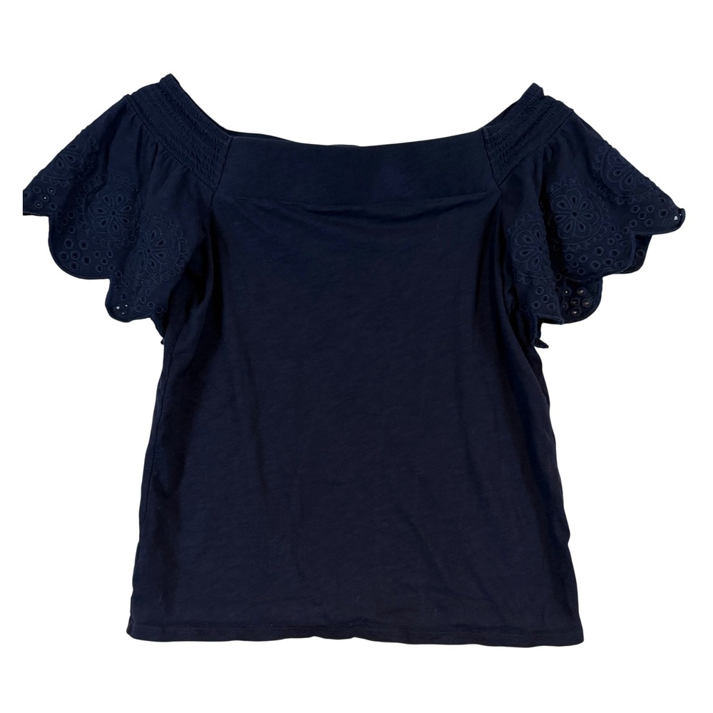 LOFT Vintage Soft Navy Blue Off Shoulder Eyelet Flutter Sleeve Top •XXSP Smocked